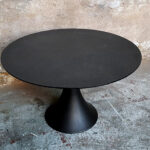 Table ronde vintage noir, pied tulipe métal plateau en verre