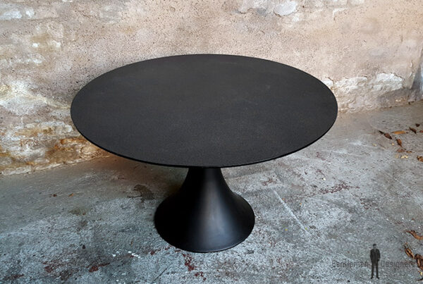 Table ronde vintage noir, pied tulipe métal plateau en verre