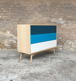 Commode en chêne avec 3 tiroirs, dégradé du bleu au blanc