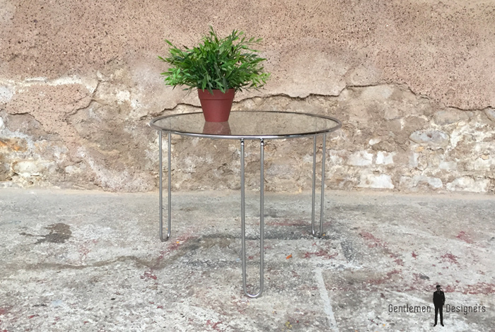 Table Basse Ronde Plateau Verre Pietement Acier Chrome Vin
