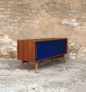 Meuble TV ou meuble d'appoint en teck avec 2 portes bleu roi