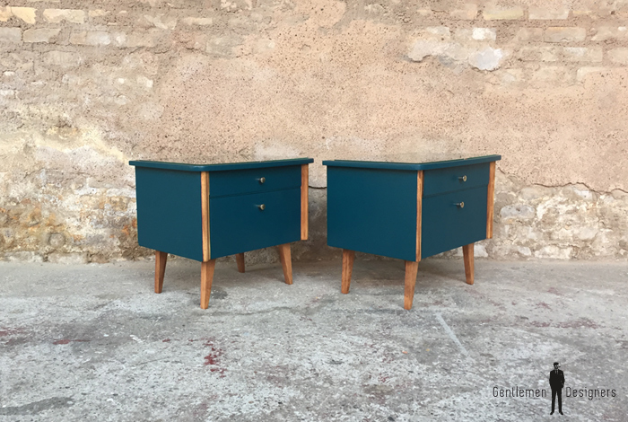 Paire Chevet Vintage Annee 50 Relooke Bleu Nuit Vin Che 008