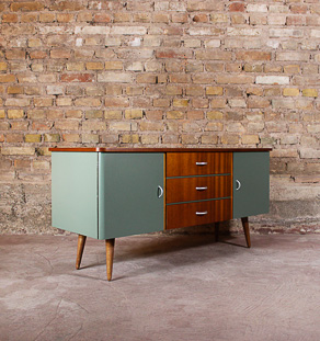 Meuble TV vintage, pieds compas, 2 portes 3 tiroirs, vert et bois