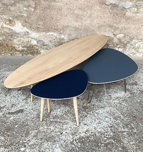 Trio de tables basses gris bleu chêne massif et pieds métal