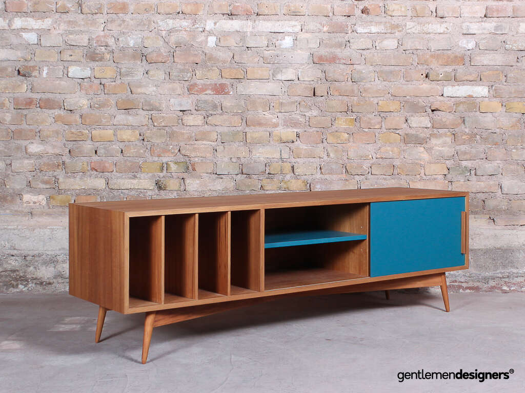 Meuble Tv Portes Coulissante Niche Et Rangement Vinyles Bleu Et Teck