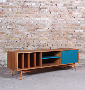 Meuble tv, portes coulissante, niche et rangement vinyles bleu et teck